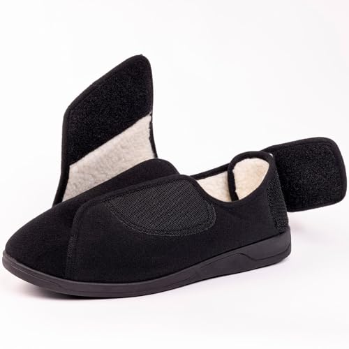 Image of Men's Memory Foam Diabetic Slippers with Adjustable Closure, Extra Wide Comfy Warm Plush Fleece Arthritis Edema Swollen Diabetic House Shoes Machine Washable with Anti Slip Sole