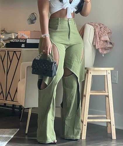 SOMTHRON Women's Sexy Hollow Out High Waisted Pants Criss Cross Straight Wide Leg Loose Trousers Y2K Streetwear3