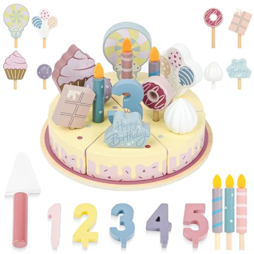 Ainiv Wooden Birthday Cake Pretend Role Play DIY Cake Toys Birthday Cakes Cutting Toys With Removable Candles and Decorative Elements Fake Cakes Tea Party Set for Birthday Gift Pink