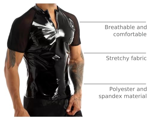 Image of AIEOE Men's Leather Metallic Shirts Shiny Slim Fit Stretch Top Wetlook Club Party Undershirts