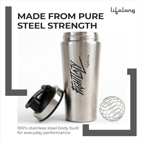 Image of Lifelong Steel Gym Shaker Bottle | Stainless Steel Protein Shaker | 100% Leakproof Sipper Bottle | Pre Workout Shaker with Measurement Markings | Protein Shake Mixer Bottle | 750 ml