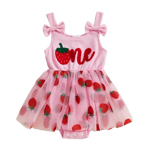 Emmababy Baby Girl Strawberry Romper Dress Smocked Tutu Bodysuit Fruit Overalls Strawberry Birthday Outfit Summer Clothes