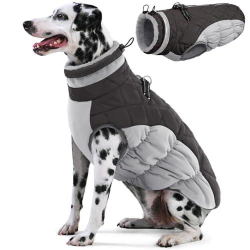 AOFITEE Extra Großer Hundemantel, Warme Wasserdichter & Winddichter Hundejacke mit Bauchschutz, Rollkragen Reflektierende Hund Wintermäntel, Outdoor Fleece Hundebekleidung für Windhund, 3XL Grau
