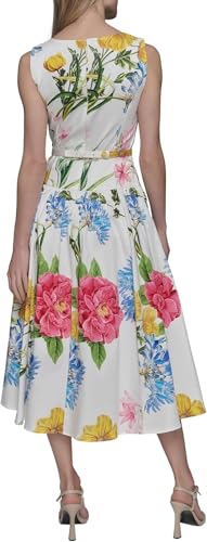 Image of Karl Lagerfeld Women's Sleeveless Boat Neck Drop Waist Belted Midi Dress