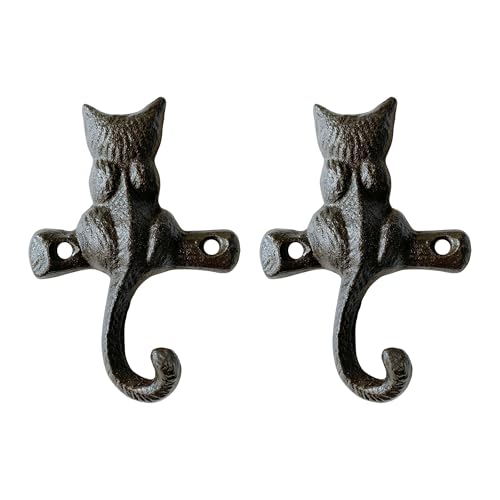 Zorues Rustic Cat-Shaped Decorative Wall Hook Rack Hangers for Hanging Clothes Coats Towels Keys and Hats 2 Pack Antique Cast Iron Mounted Wall Hooks