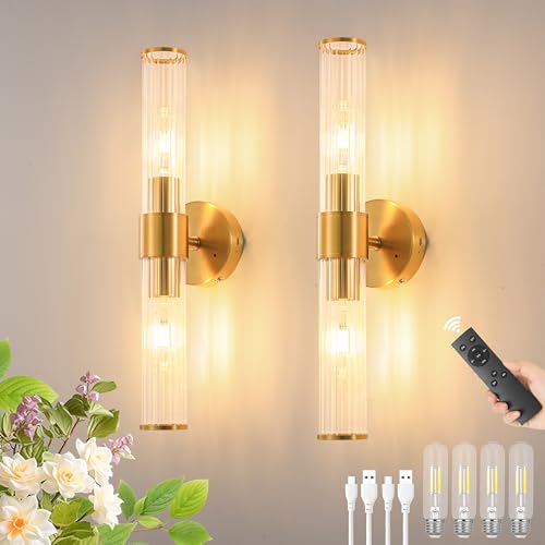 Gold Battery Operated Wall Sconces Set of 2, Rechargeable Wall Lights with Dimmable Remote Control, 20“ Modern Sconces Wall Decor, Wireless Wall Lamp for Bedroom, Living Room (Bulbs Included)