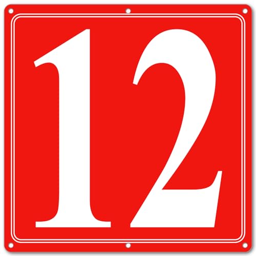 Image of Premium Aluminum Number Signs 12, Metal 12 inch X 12 inch Red Numbered Signs Outdoor for Parking Lots, Floor, Dock, Court, Aisle, Field, High Visibility, No Fade, Weather-resistant