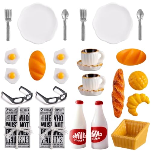 Accessoires pour Maisons de Poupées et GNOME Miniatures, 24 Pièces Ensemble de Petit-Déjeuner Cuisine Noël Décoration Cadeau, Mini Vaisselle Couverts Assiettes Œufs Lait Pain Tasse Couteau Fourchette