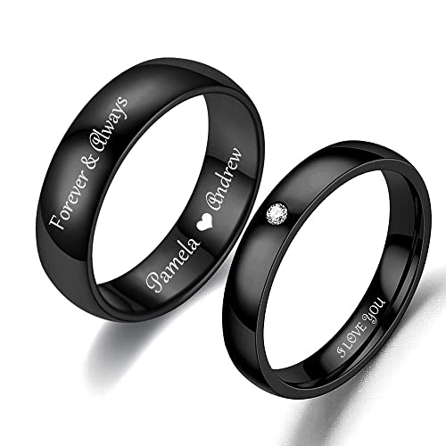 Matching Engagement Rings for Couples Black Promise Rings for Him and Her Set Engraved Personalized CZ Stainless Steel Cubic Zirconia Wedding Engagement Ring Bridal Sets Comfort fit Wedding Rings Set for Men Women - Main Image