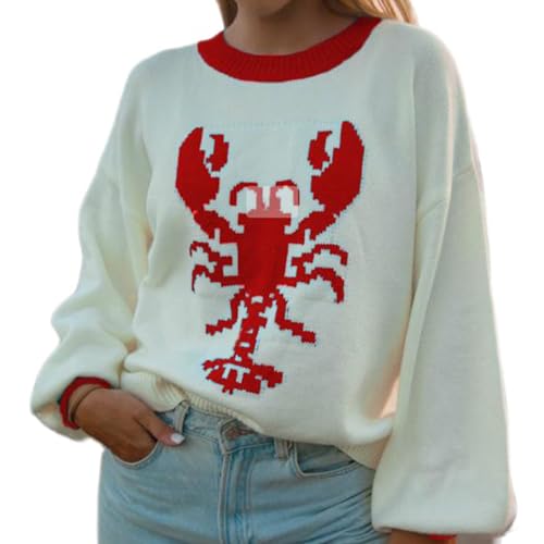 Women's Knit Sweater Pullovers Long Sleeve Round Neck Printed Fall Winter Casual Jumper Tops Loose Fit