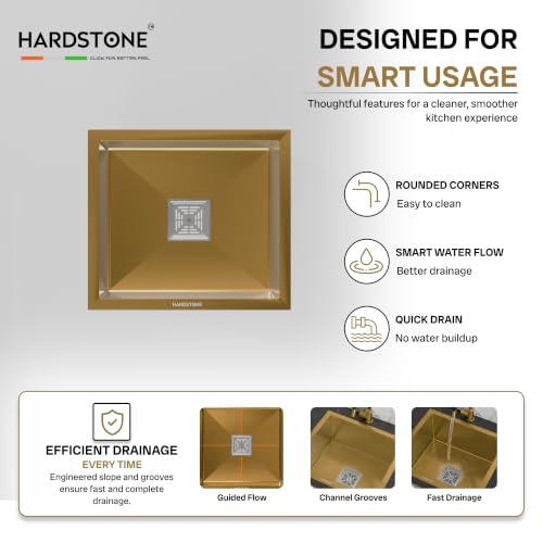 Image of HARDSTONE Premium Kitchen Sink | Single Bowl 16x18x9 Inch | Handmade Heavy Duty Stainless Steel Wash Basin with Matte Gold Finish | Includes Waste Hose Pipe, Coupling & Compact Drying Rack | Gold
