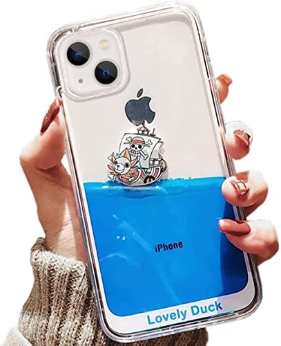 SGVAHY Phone Case for iPhone 14 Pro, 3D Dynamic Blue Liquid Floating Ducks and Pirate Ship Soft Silicone Bumper Quicksand Hard Back Case for iPhone 14 Pro
