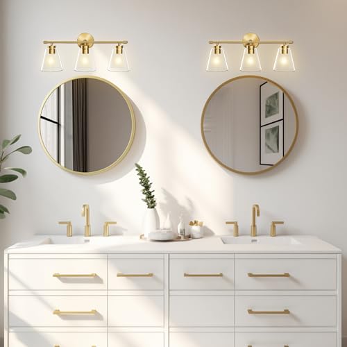 Image of Hamilyeah Gold Bathroom Vanity Light Fixtures Over Mirror, 3 Light Vanity Lights Clear Glass, Industrial Vanity Lighting Fixtures for Bath, Restroom