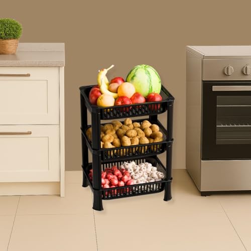 Image of Plastic Kitchen Rack, Multipurpose Vegetable & Fruit Storage Basket Organizer for Home, Pantry & Kitchen - Strong & Easy to Assemble (3 Layer, Black)