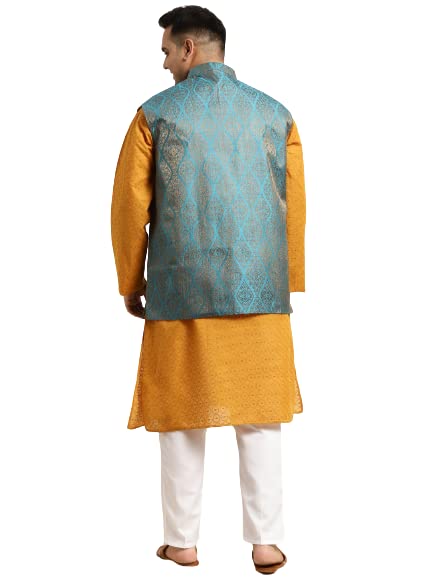 Image of SOJANYA (Since 1958) Men's Silk Blend Dark Green Kurta & Silk Blend Nehrujacket With Off White Churidar Pyjama Set