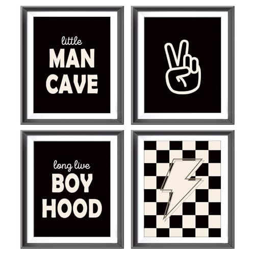 Image of Little Man Cave Retro Preppy Checkered Lightning Peace Sign Long Live Boyhood Poster Prints for Boy Teen Room Dorm Decor,Preppy Decorations Prints Wall Art Unframed 4pcs 8x10inches,Teen Boys Gifts