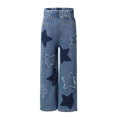 iiniim Kids Girls Vintage Washed Jeans Elastic Waistband Wide Leg Denim Pants with Muti-Pocket Holiday Wear