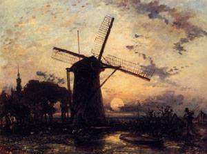 Peinture à l'huile Jongkind Windmill Sundown 1859 tableau bateau paysage hollandais