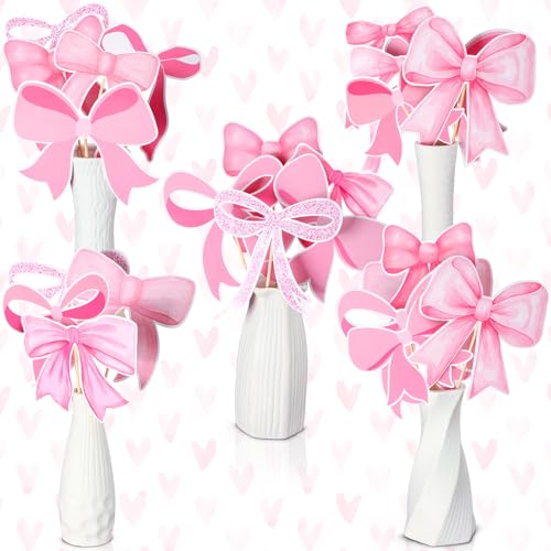 Cinnvoice 30 Pcs Bow Party Decorations Coquette Bow Table Toppers Birthday Table Decor Coquette Party Centerpieces Sticks for Birthday Bachelorette Bridal Decor(Pink)