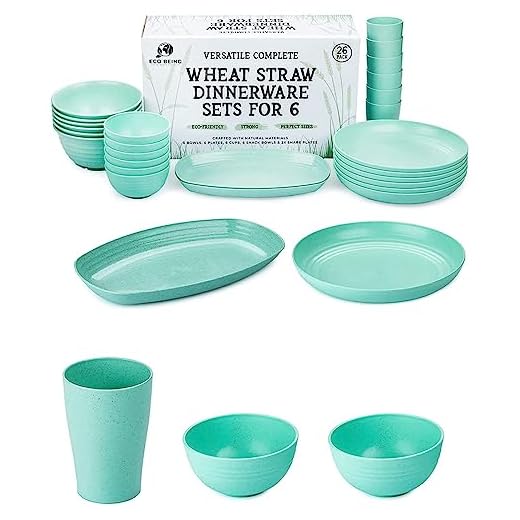 Eco Being Wheat Straw Dinnerware Set for 6 - Light and Unbreakable Plates, Cups, Bowls and Share Dishes. Stackable and Sturdy, Microwavable and Dishwasher Safe Lime Green Dishes.