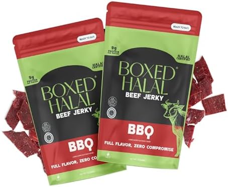 BOXED HALAL Premium 100% Grass-Fed BBQ Beef Jerky Strips, 13g Protein, HFSAA Certified Halal, Keto Friendly Snack, 3 Oz. Bags (2 Pack)