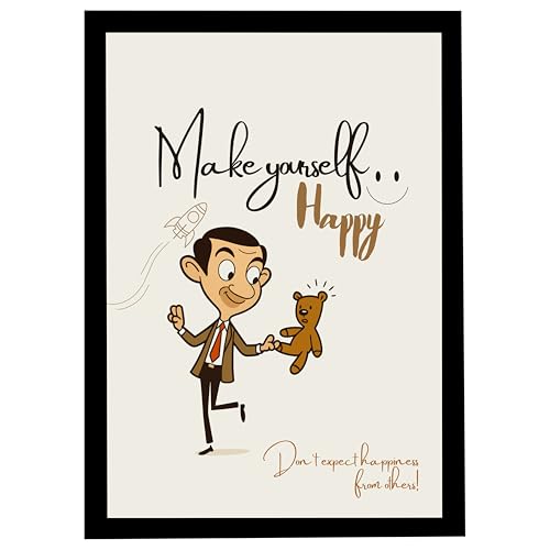 MIRA MEST Make Yourself Happy Wall Art Frame | Positive Quote Artwork with Cartoon Man & Teddy | Self Happiness Motivational Poster | Ready to Hang Frame for Bedroom Living Room & Office Decor
