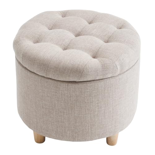 LEITING Round Large Storage Ottoman Toy Chair Seat Foot Stool Footstool Footrest Pouffe Upholstered with Linen Fabric Cover (Beige) - Cosy Home Interiors LEITING Round Large Storage Ottoman Toy Chair Seat Foot Stool Footstool Footrest Pouffe Upholstered with Linen Fabric Cover (Beige) - Image 4