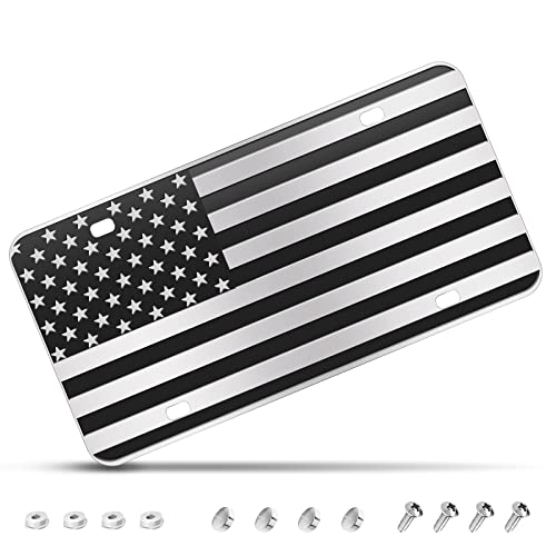 American Flag License Plate Black Decoration Front Flag License Plates with 4 Holes Aluminum Metal 3D Embossed US License Plate with Screws Caps 6 * 12 inches Car Decor Accessory