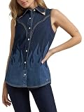 Wrangler Women's x Lainey Wilson Western Snap Front Sleeveless Shirt, Dark Denim w/Flame, Medium