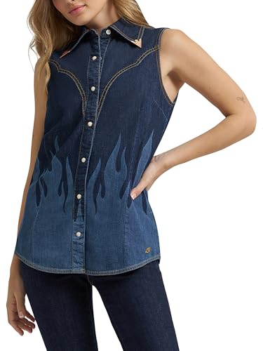 Wrangler Women's x Lainey Wilson Western Snap Front Sleeveless Shirt, Dark Denim w/Flame, Small