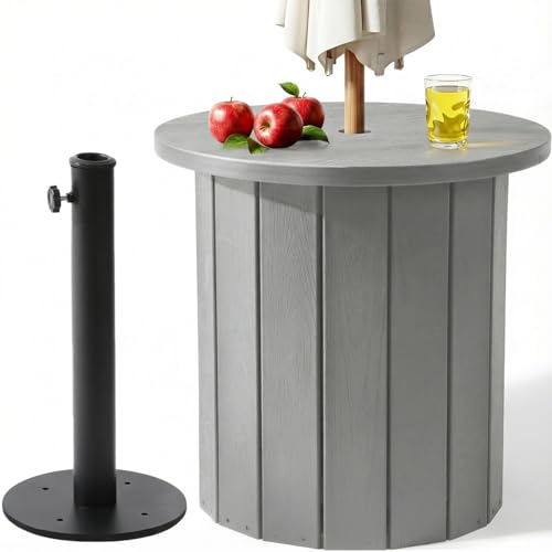PASAMIC 2-in-1 Outdoor Umbrella Side Table - 5cm Extended Desktop for Extra Storage, 1.5-1.7 Inch Umbrella Hole, Fillable 5 Gallon Water Bag Base, All-Weather HDPE for Poolside/Yard/Deck, Light Gray
