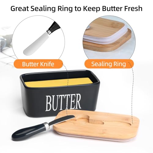 Image of Ceramic Butter Dish with Wooden Lid and Stainless Steel Knife, Large Butter Container Keeper with Bamboo Cover and Silicone Sealing Ring for West and East Coast Butter (Black)