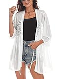 ZAFUL Women's Short Sleeve Open Front Cardigans Chiffon Lace Kimono Casual Cover Up White M