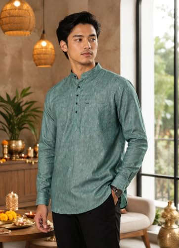 Image of Majestic Man Men's Cotton Blend Textured Regular Fit Full Sleeve Short Kurta