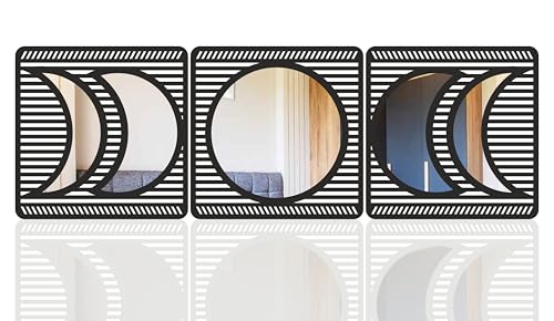Image of Abstract Geometric Acrylic Mirror Wall Decor Set of 3 | Modern Decorative Wall Art for Living Room, Bedroom & Office | Silver Acrylic with Black Laminated Pine Wood MDF