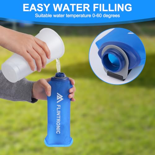 flintronic TPU Faltbarer Trinkflaschen, 2 Stück 500ml Soft Flask mit Handschlaufe und Karabiner, BPA-Frei Sportflasche für Trinkrucksack, Fahrrad, Wandern, Joggen,Camping und Klettern (Blau)