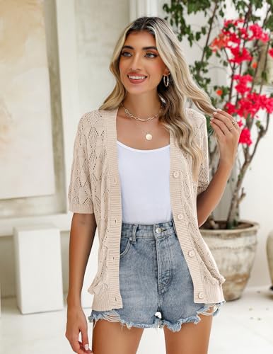 Image of Zeagoo Women's Short Sleeve 2026 Summer Crochet Cropped Cardigan V Neck Button up Bolero Shrug Sweater