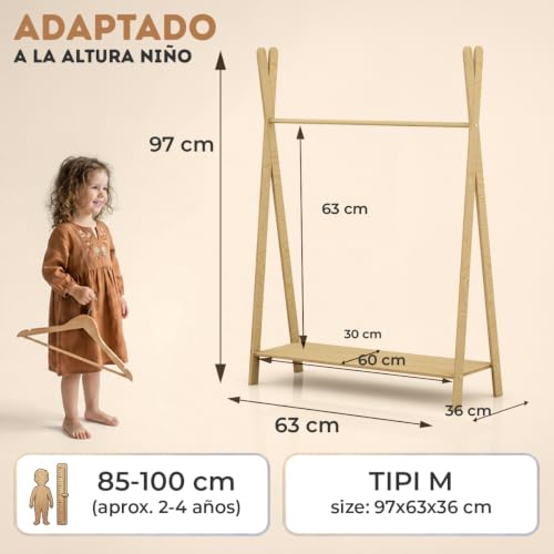 Miniatura 3 de Smartwood Perchero De Pie Tipi M 97x63x36 Cm - Burro Ropa Montessori En Contrachapado De Pino Fsc Con Barra Para Ropa Y Estante - Perchero Para Niños Con Capacidad De Carga Hasta 30 Kg