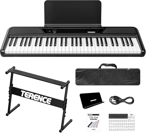 TERENCE - Piano electrónico de 61 teclas con soporte 2 altavoces de 5 W respuesta táctil para principiantes y adultos portátil MIDI 128 sonidos metrónomo y grabación