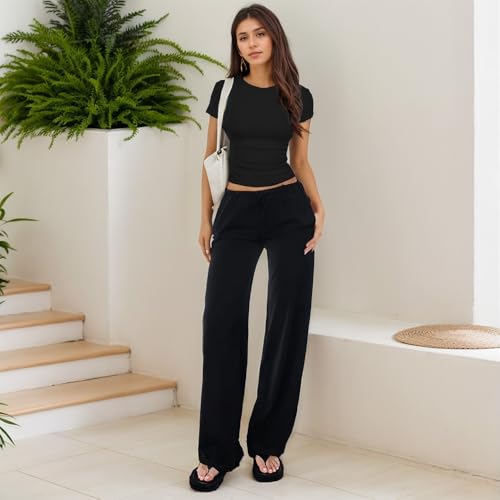 KOEMCY Ensemble Femmes Élégant Deux Pièces Été Décontracté Slim Fit Short Sleeve Top et Cordon Pantalon avec Poches Survêtement Suit Loungewear Set Casual Outfit (Noir,S) – vue 6