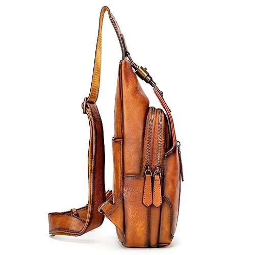 NIUCUNZH Genuine Leather Crossbody Sling Bag Handmade Classic Vintage Shoulder purse daypack Backpack Brown2