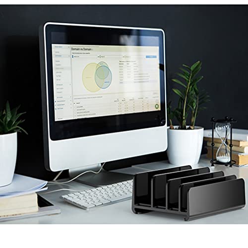 Soporte para computadora portátil y tableta vertical negro con base de almacenamiento ajustable 4
