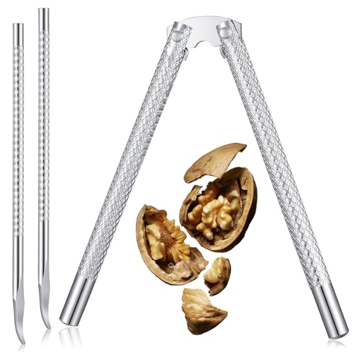 Nut Crackers for All Nuts, Stainless Steel Walnut Cracker Tool with 2 PCS Seafood Pecan Cracker Pickers, Heavy Duty Chestnut Opener for Walnuts Hazelnuts Almonds Crab Lobster Leg (Silver)