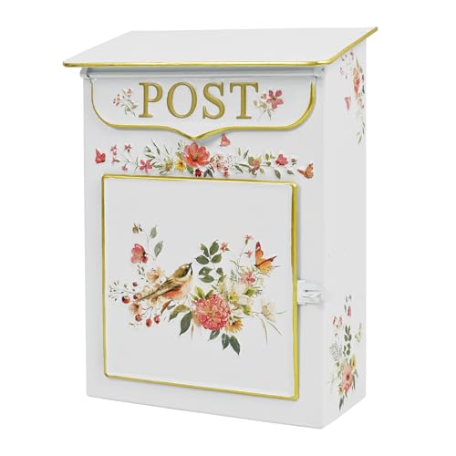Image of Mailbox Wall Mount Mailboxes for Outside Vintage Mail Boxes for House Outside Metal Drop Box Antique Style Nostalgic Charm Home Decorative, Flower Pattern White