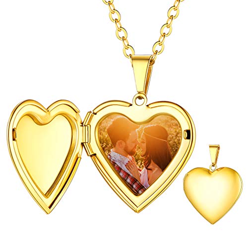Custom4U Collier Couple Photo Personnalisé Coeur Or Pendentif Porte Photo Acier Inoxydable Médaillon Coeur Gravé Fleur Chaine 50+5 cm