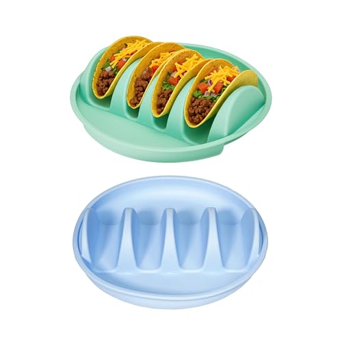 ICEICE Silicone Taco Holder 2-Pack, 4-Slot Stand for Hard/Soft Shells with Non-Slip Base, Dishwasher & Microwave Safe, BPA-Free (Blue + Green)