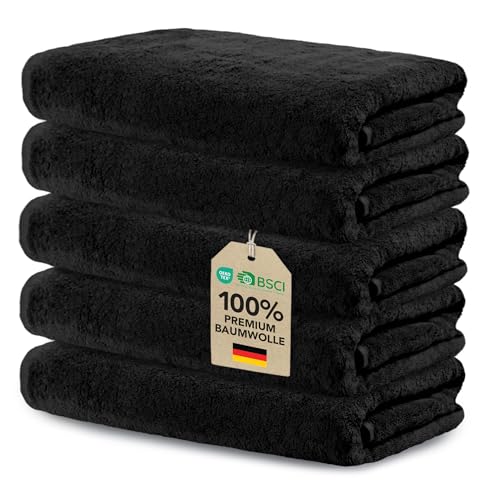 Ôhm 5er Set Handtücher 30x50 cm 100% Baumwolle Frottee 500 g/m Schwarz extra dick und saugstark Oeko-Tex Zertifiziert
