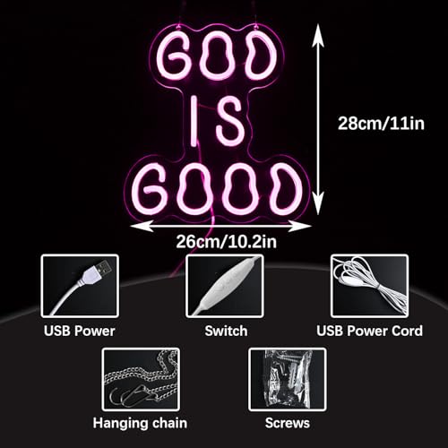Image of God is Good Neon Sign,Christian Wall Decor | with USB Power, Soft Pink-Violet Glow for Bedrooms, Churches, or Gifts,11x10.2IN