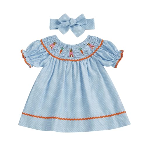 Rtnnsbbfcm Toddler Baby Girl Easter Outfit Puff Short Sleeve Bunny Carrot Embroidery Smocked A-line Dress with Headband (Blue, 18-24 Months)