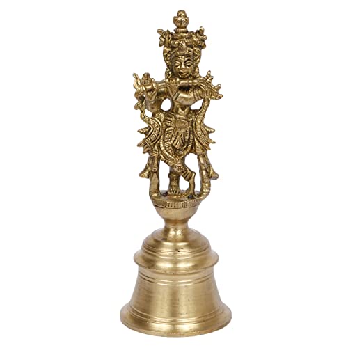 Kartique Brass Krishna Bhagwan Murti with Bell | Showpiece for Home Office Mandir Decor Gift Items Handheld Pooja Ghanti Height 5.5 Inch Gold Color